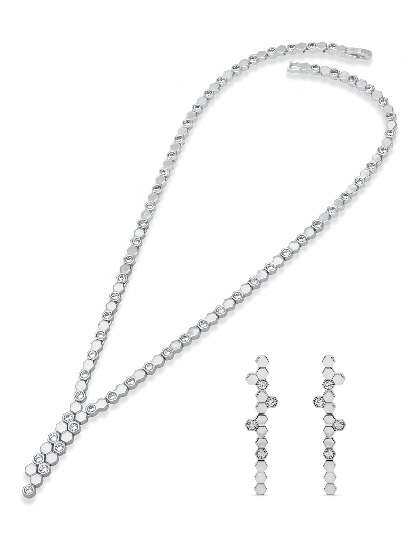 Hexa Charm Twin Drop Necklace Set - Rhodium
