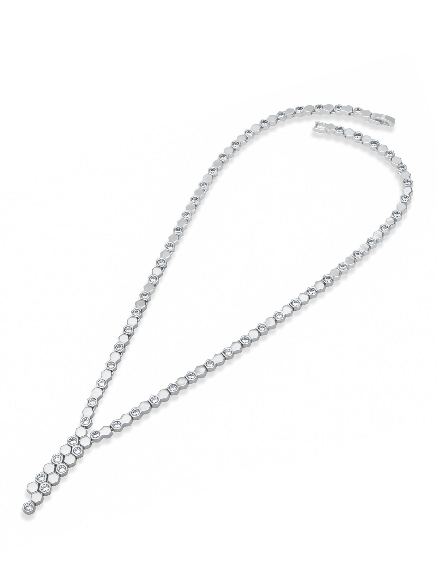 Hexa Charm Twin Drop Necklace Set - Rhodium