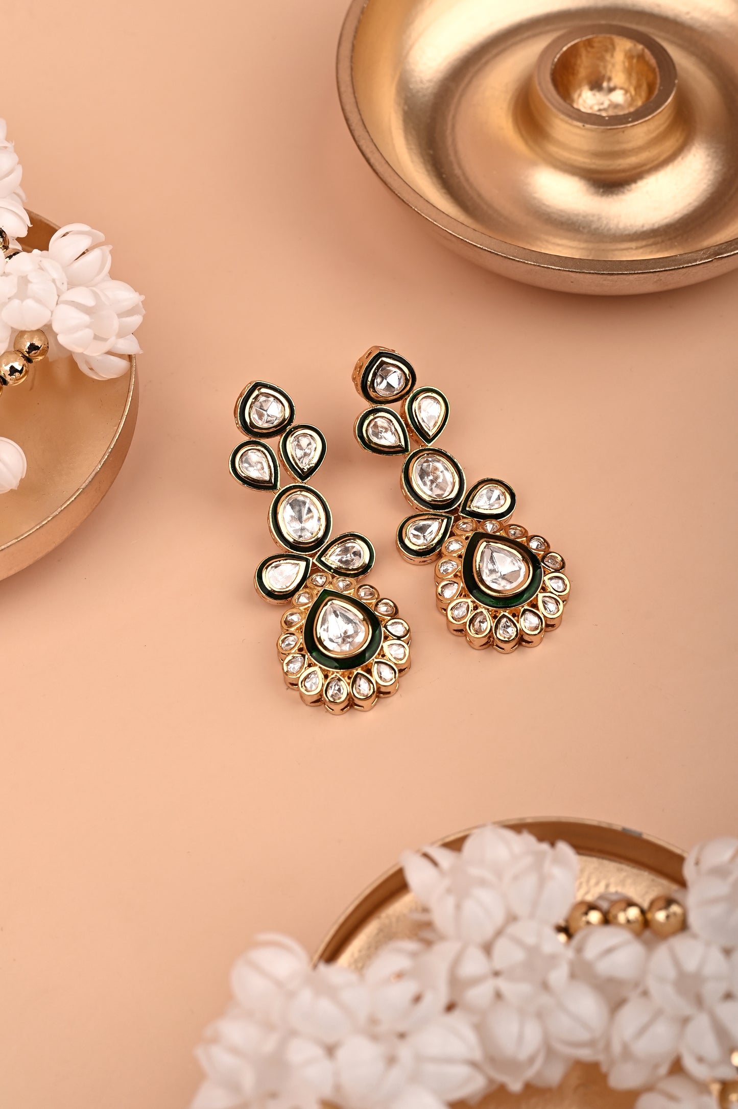Kundan Polki Earrings With Green Meena