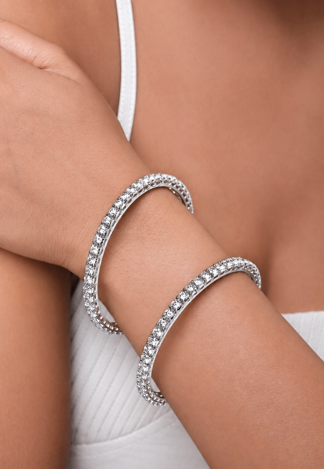 925 Sterling Silver Swarovski Single Line Bangle In white Finish