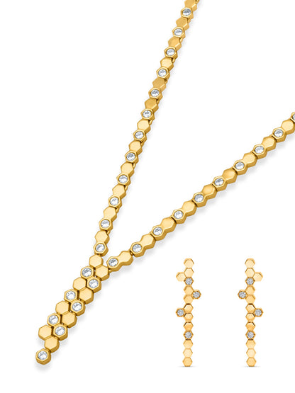 Hexa Charm Twin Drop Necklace Set- Gold