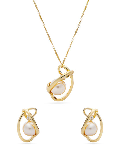 Pearl Wrapped By Golden Thread Pendent Set