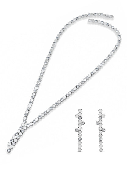 Hexa Charm Twin Drop Necklace Set - Rhodium