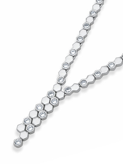 Hexa Charm Twin Drop Necklace Set - Rhodium