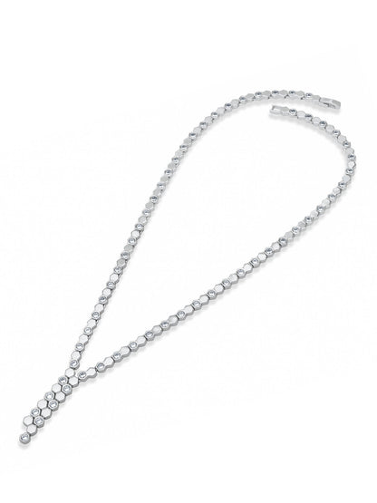 Hexa Charm Twin Drop Necklace Set - Rhodium