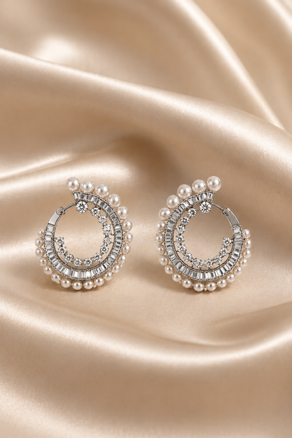 925 Sterling Silver Swarovski Pearl Hoops In Rhodium Finish