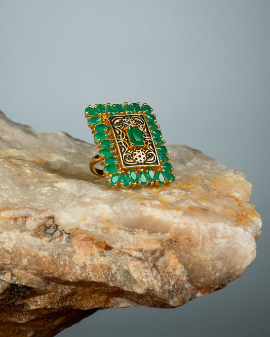 Emerald Oxidised Adjustable Ring