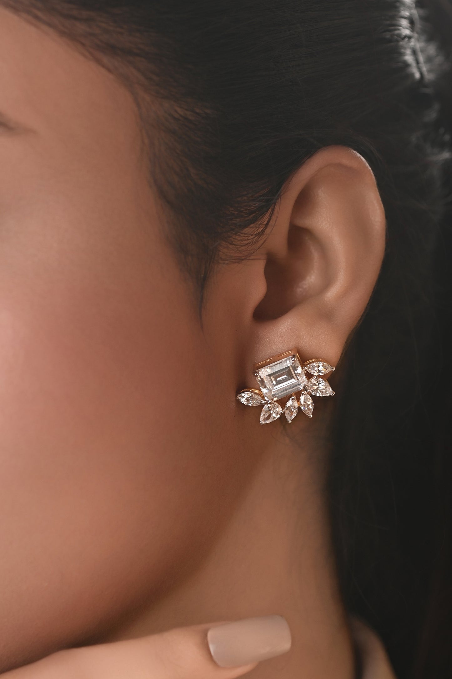 Swarovski Emerald Cut Stud with Floral Marquise Accents