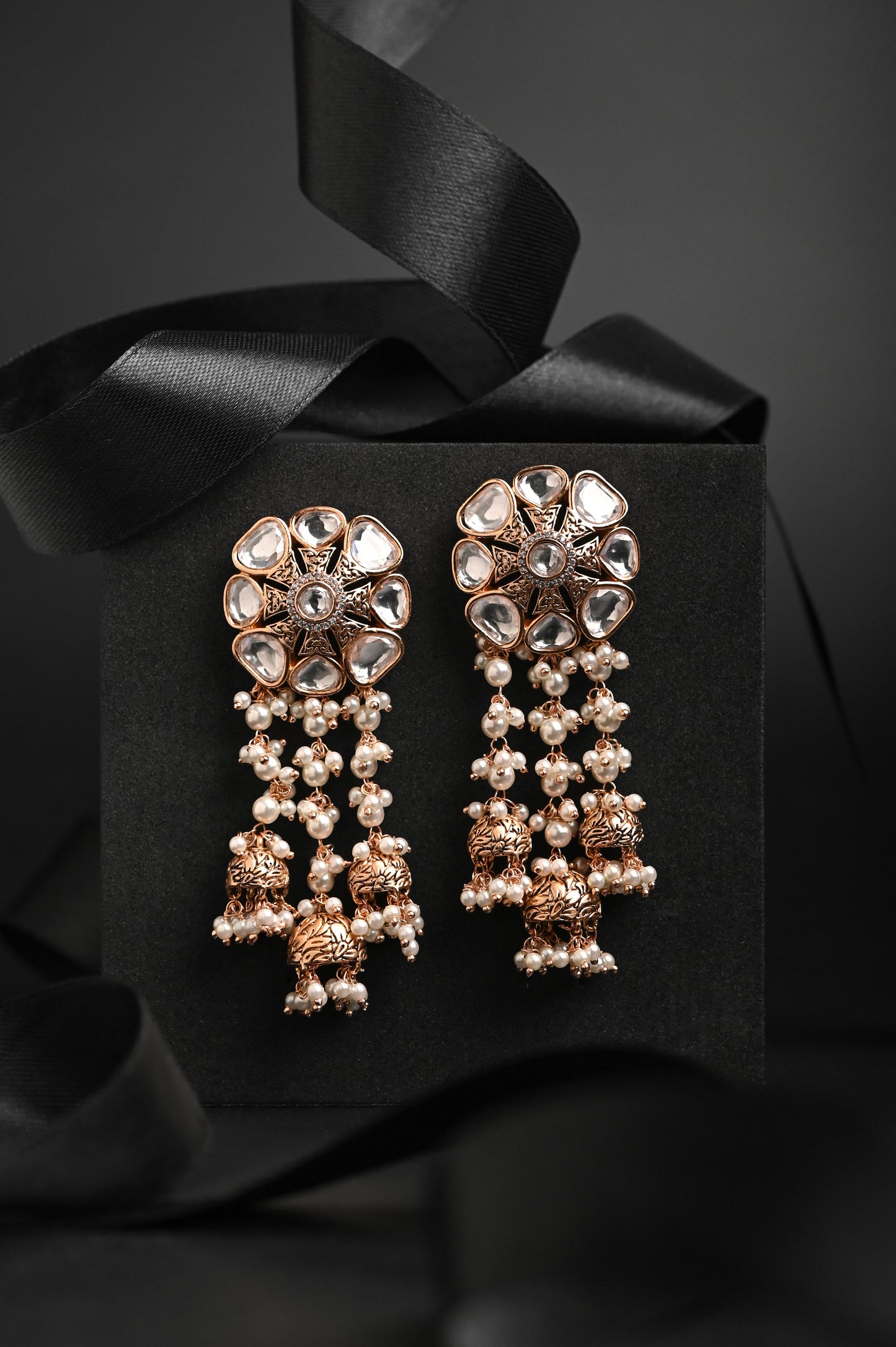 Oxidized Kundan Earrings with Pearls