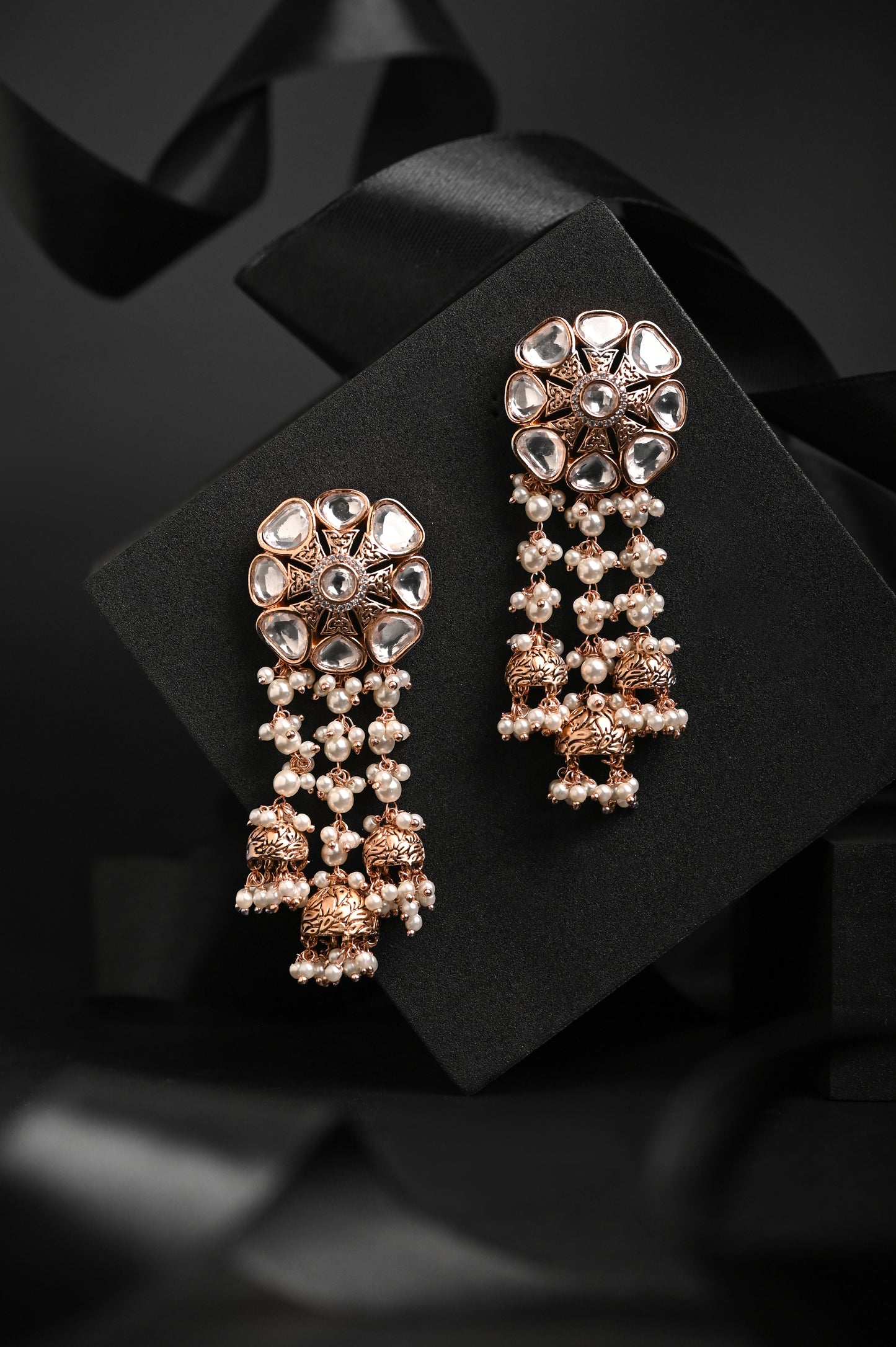 Oxidized Kundan Earrings with Pearls