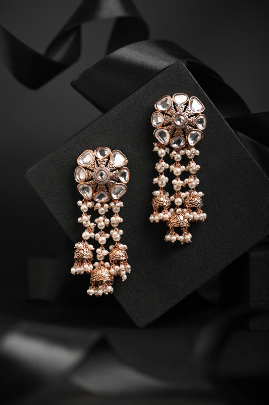 Oxidized Kundan Earrings with Pearls
