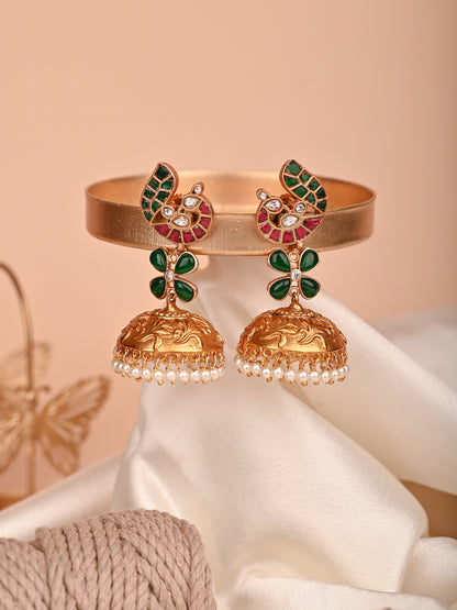 Polki And Gold Carving Jhumka With Uncut Studded stones