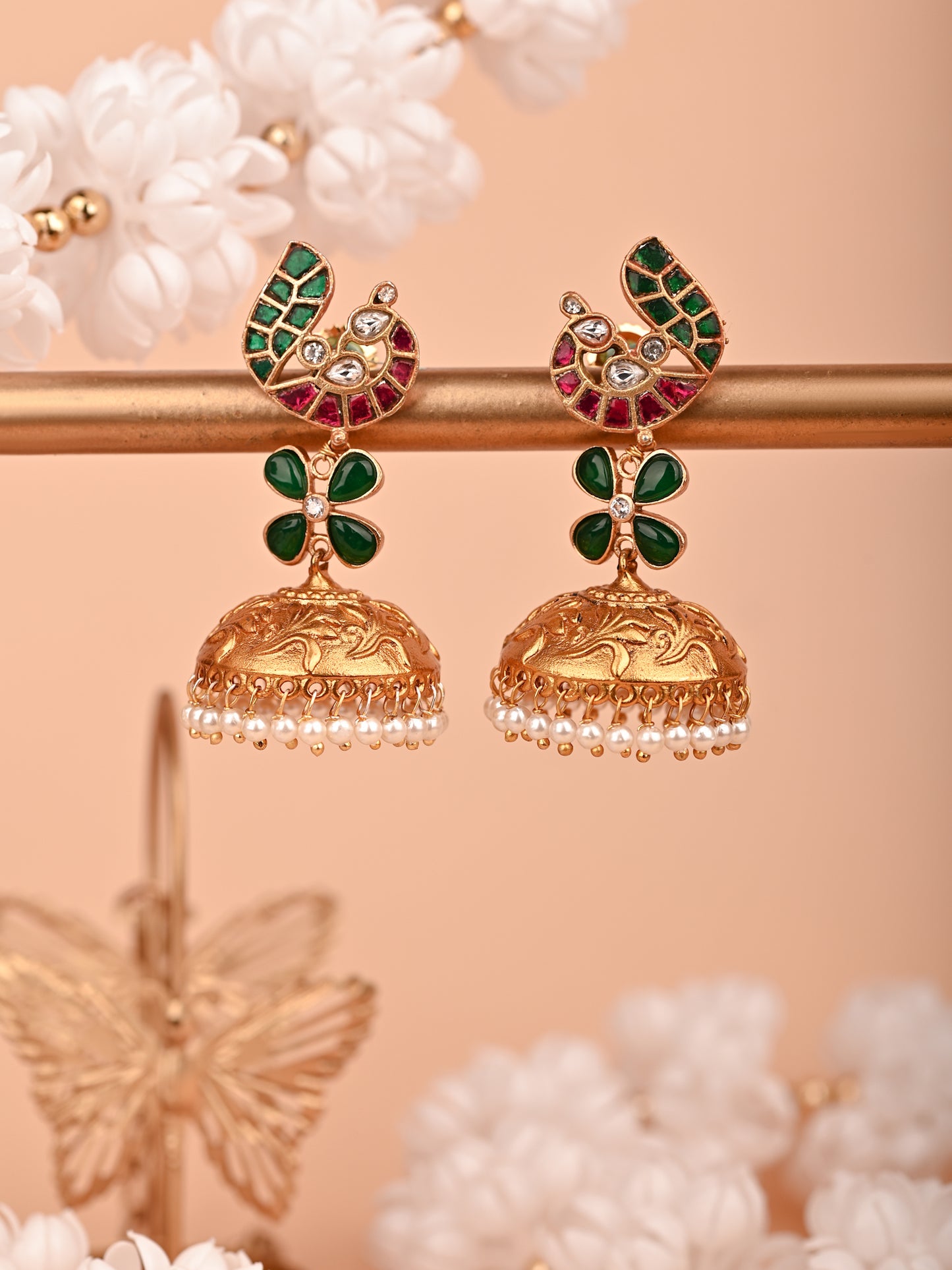 Polki And Gold Carving Jhumka With Uncut Studded stones