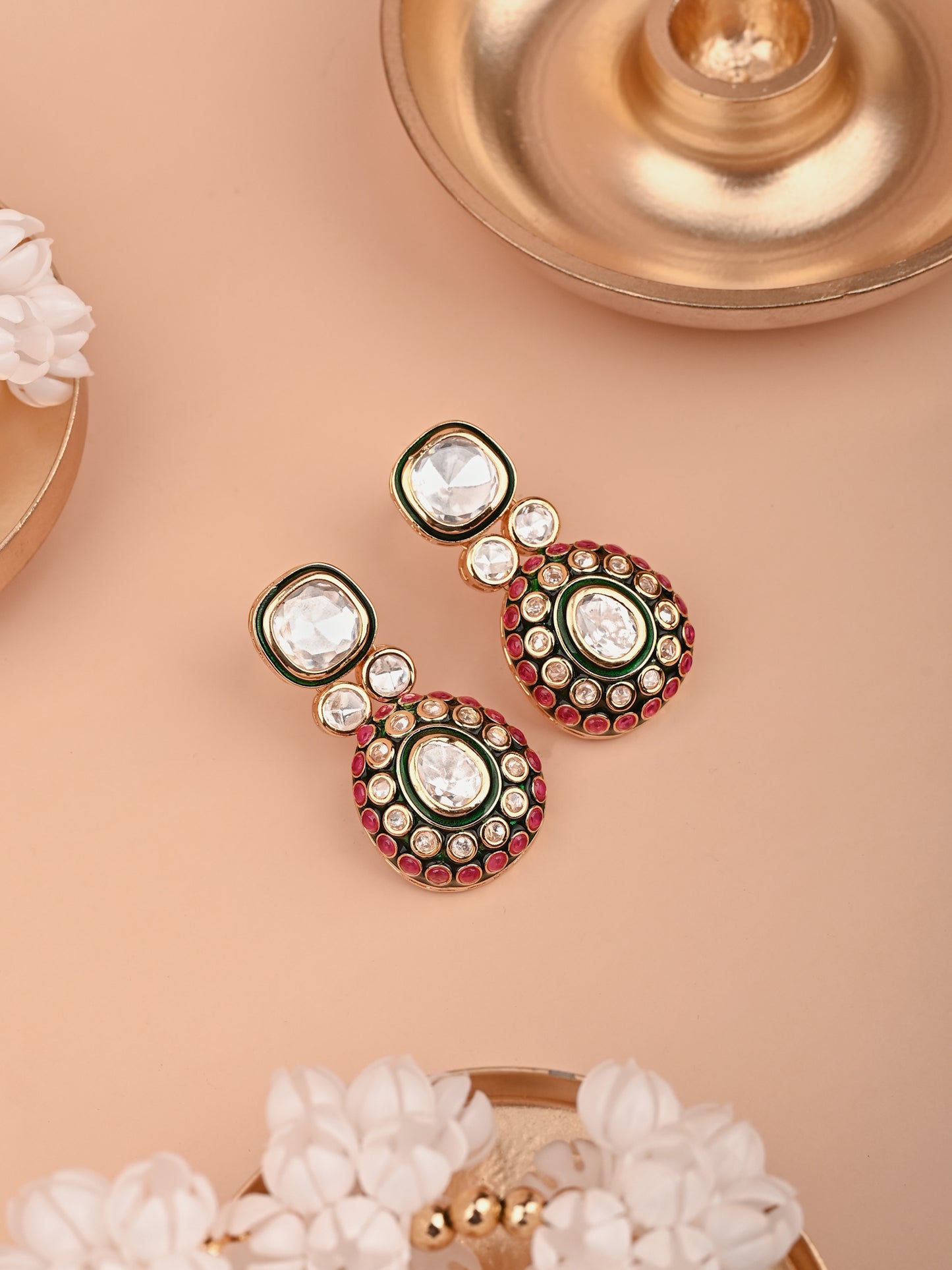 Traditional Polki Earrings With A Touch Of Ruby