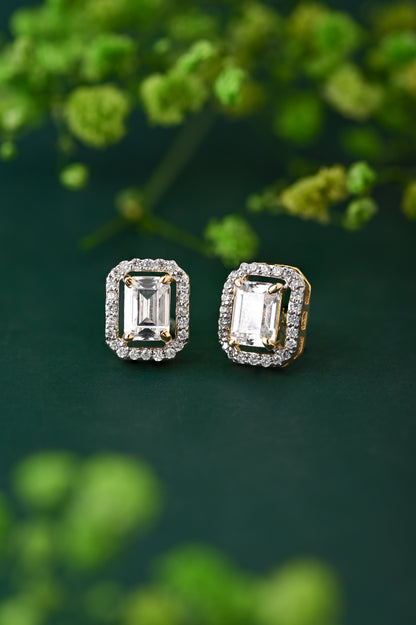 925 Sterling Silver Swarovski Emerald Cut Halo Studs