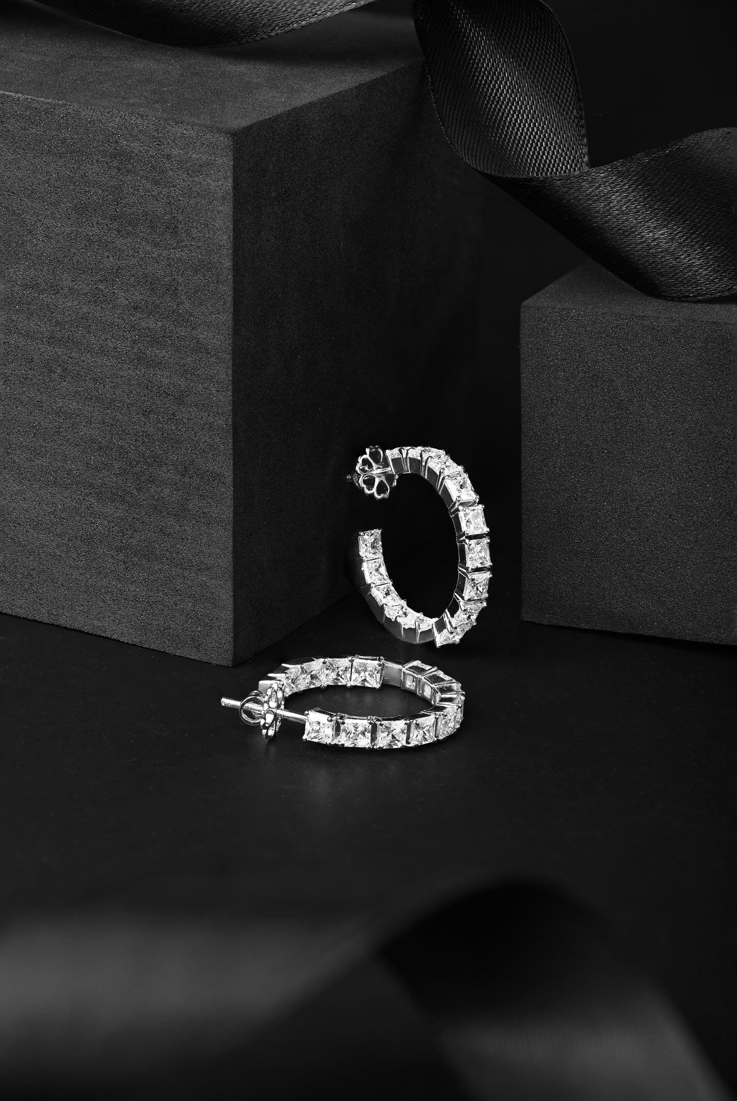 925 Sterling Silver Swarovski Princess Cut Hoops In Rhodium Finish