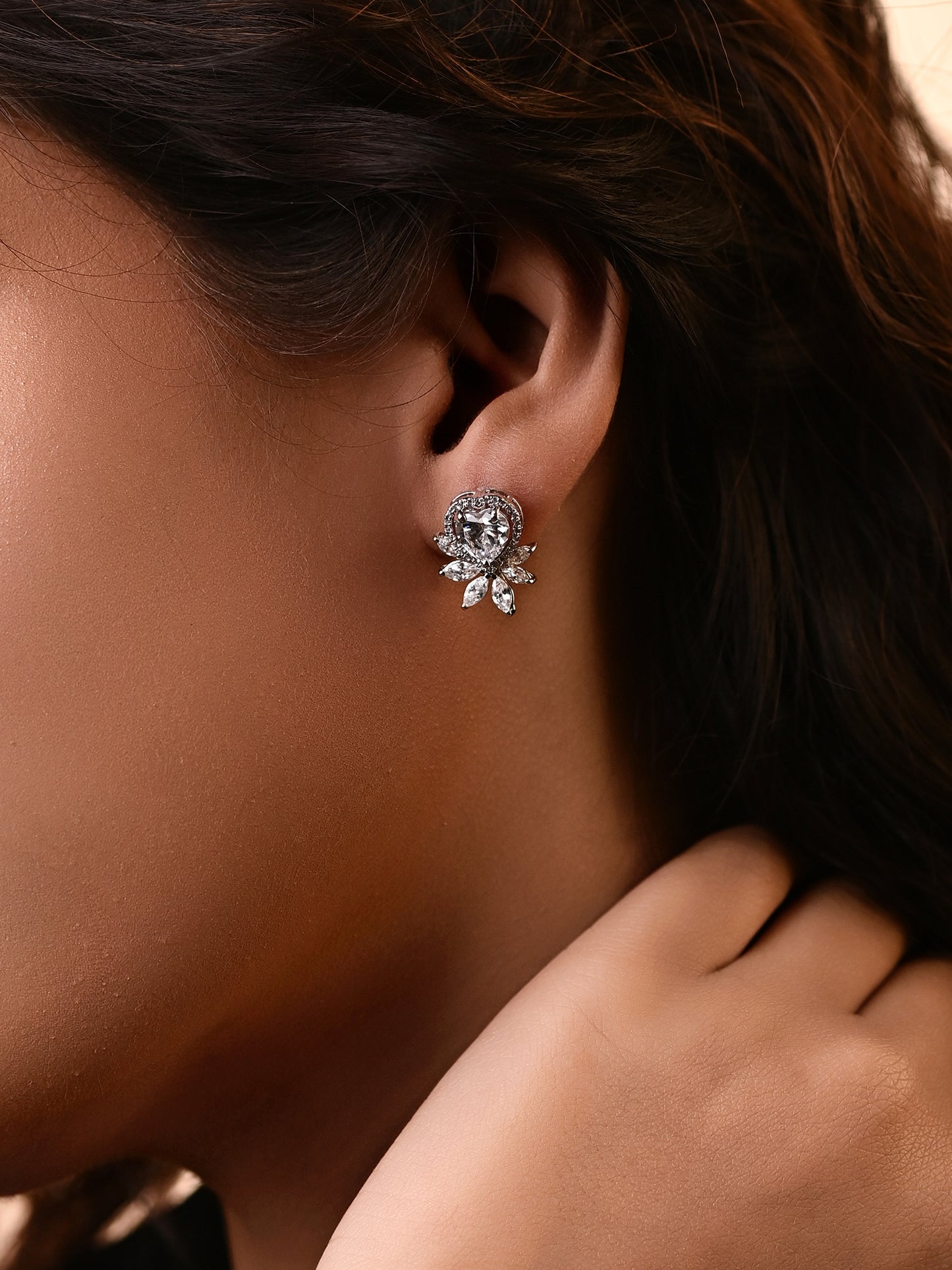 Swarovski Heart Shaped Stud With Halo & Accents (Rhodium Polish)
