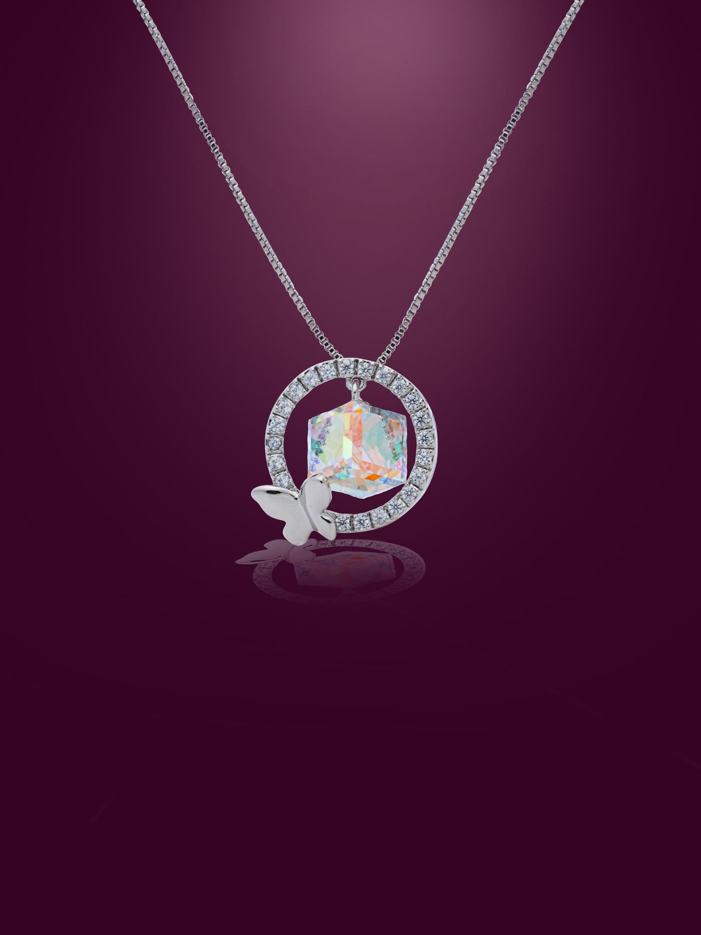 Rainbow Cube Swarovski Crystal With Halo Pendant