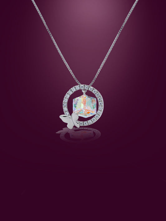 Rainbow Cube Swarovski Crystal With Halo Pendant