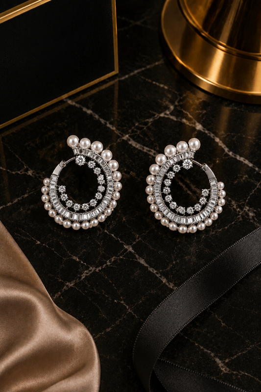 925 Sterling Silver Swarovski Pearl Hoops In Rhodium Finish