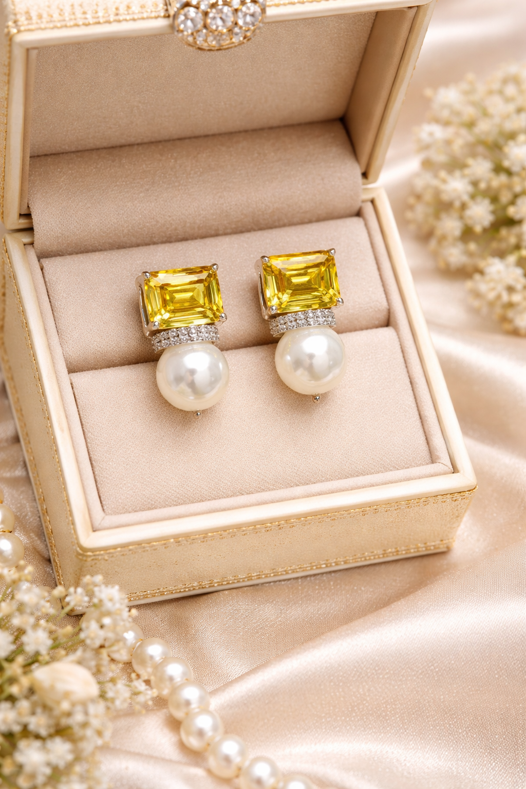 925 Sterling Silver Swarovski Topaz And Pearl Studs