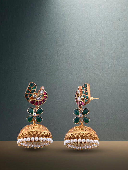 Polki And Gold Carving Jhumka With Uncut Studded stones