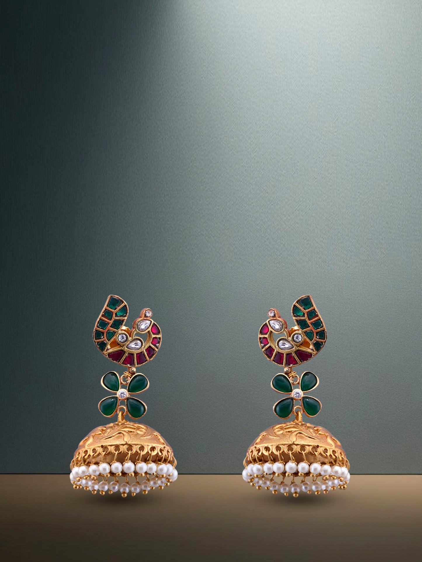 Polki And Gold Carving Jhumka With Uncut Studded stones