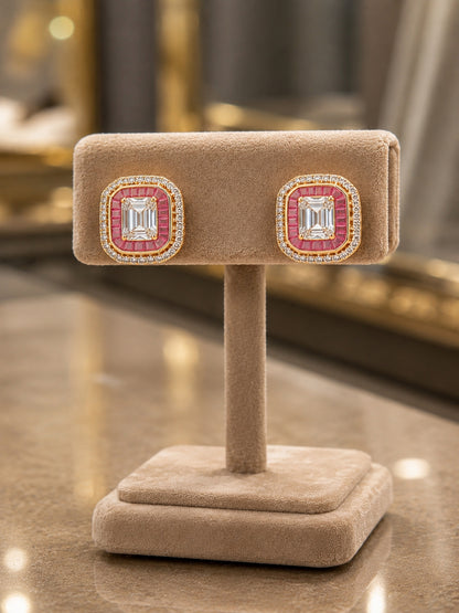 925 Sterling Silver Emerald  Cut Swarovski And Ruby Earings