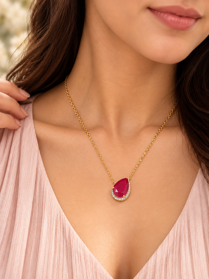 925 Sterling Silver Swarovski Ruby Drop Chain Pendant