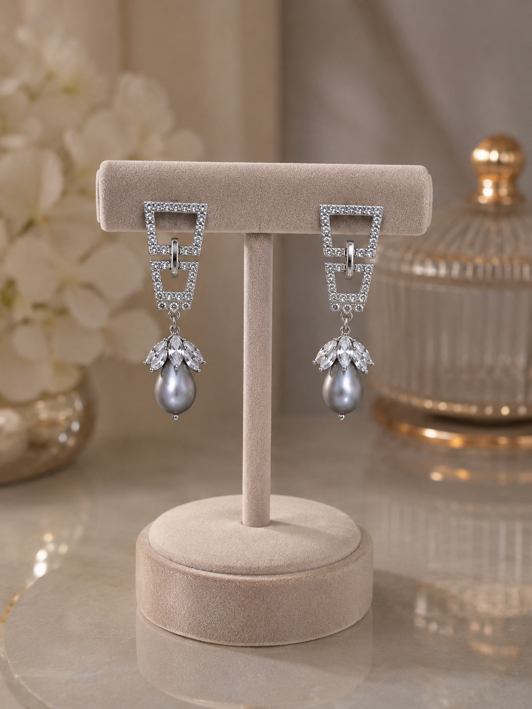 925 Sterling Silver Swarovski Danglers With A Fresh Water Grey Pearl Drop