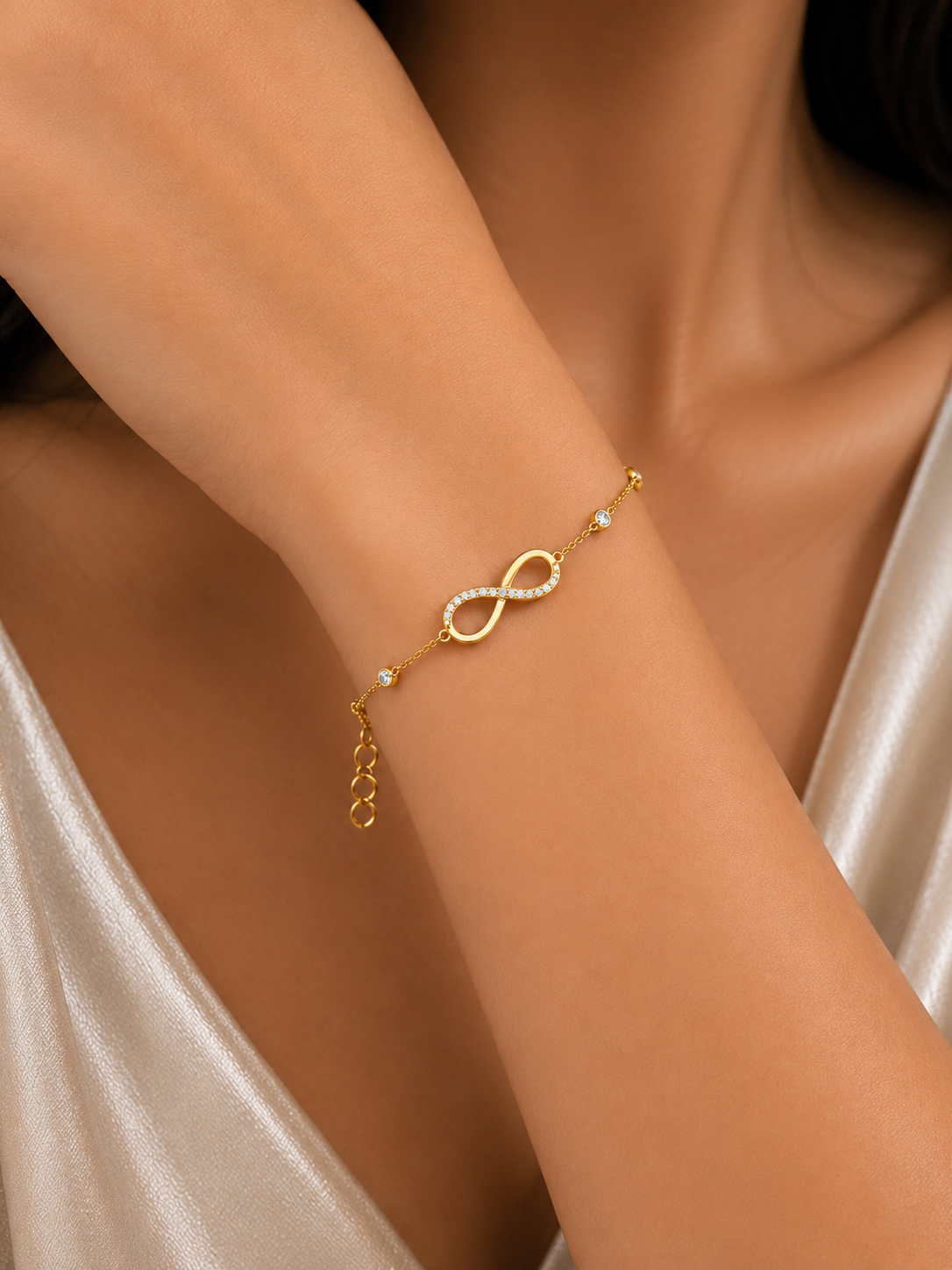 925 Sterling Silver Swarovski Crystal Infinity Tennis Bracelet in Gold Polish