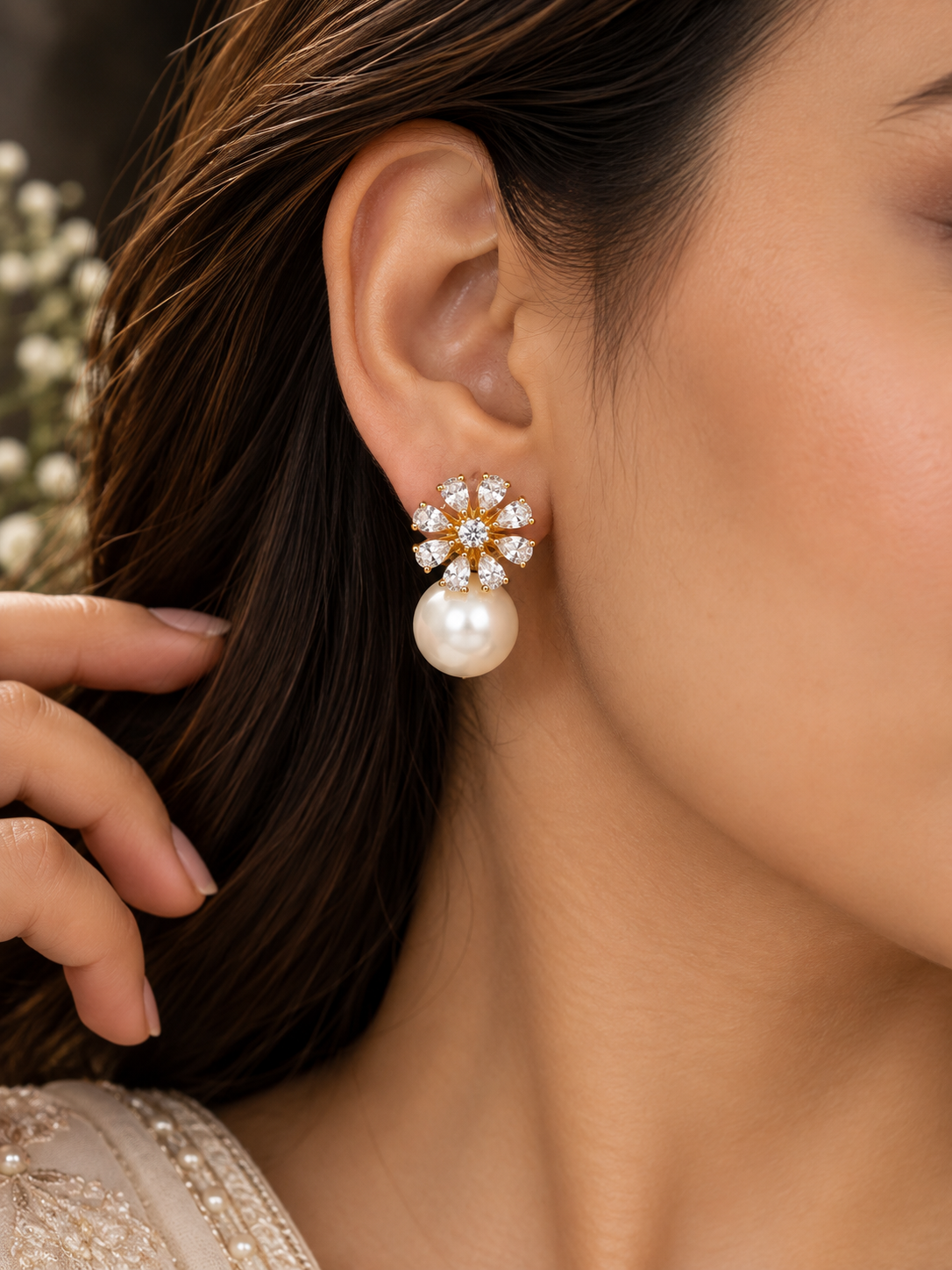 925 Sterling Silver Swarovski Crystal And Pearl Earings
