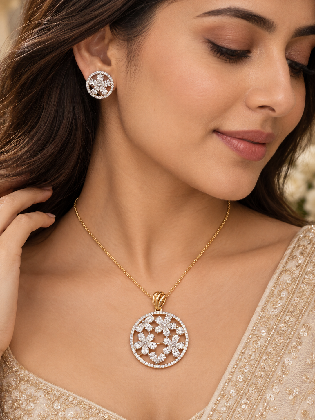 925 Sterling Silver Swarovski crystal Floral Pendant Set