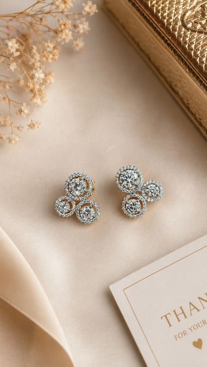 925 Sterling Silver Round Serenity Swarovski Crystal Earing In Gold Finish