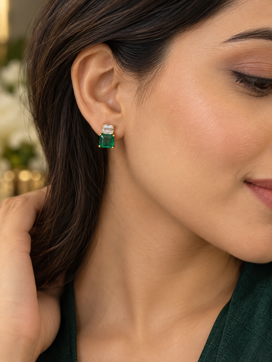 925 Sterling Silver Emerald Green Octo Cut Earings