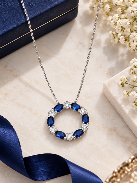 925 Sterling Silver Sapphire Oval Swarovski Crystal Chain Pendant