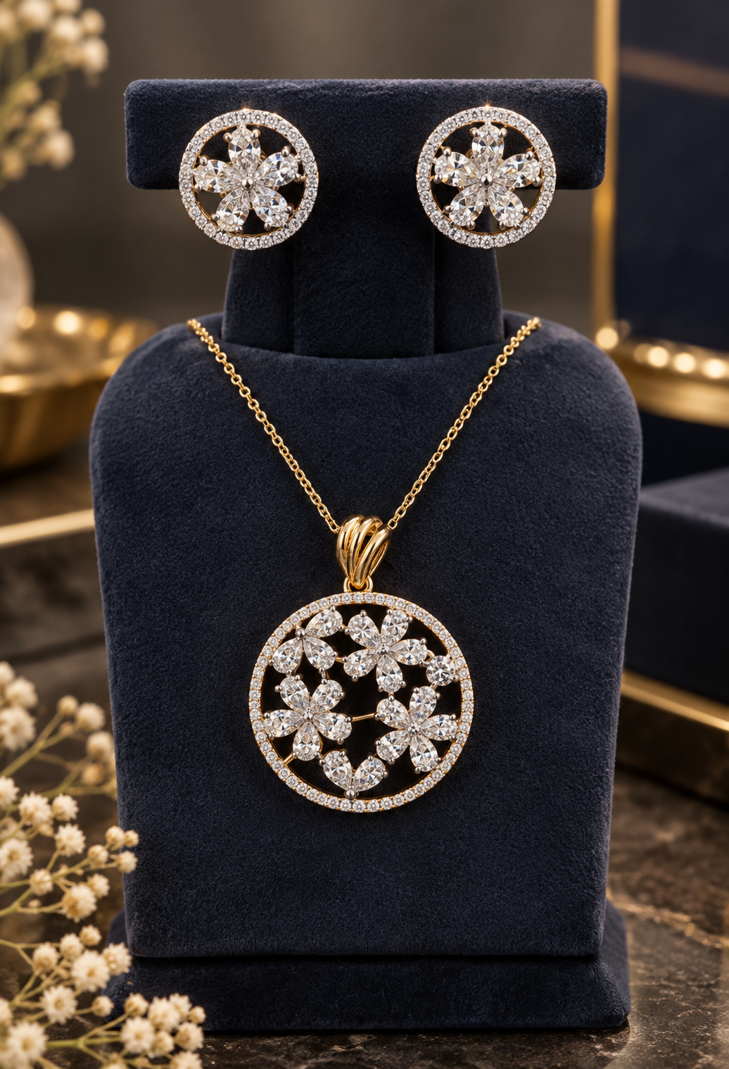 925 Sterling Silver Swarovski crystal Floral Pendant Set