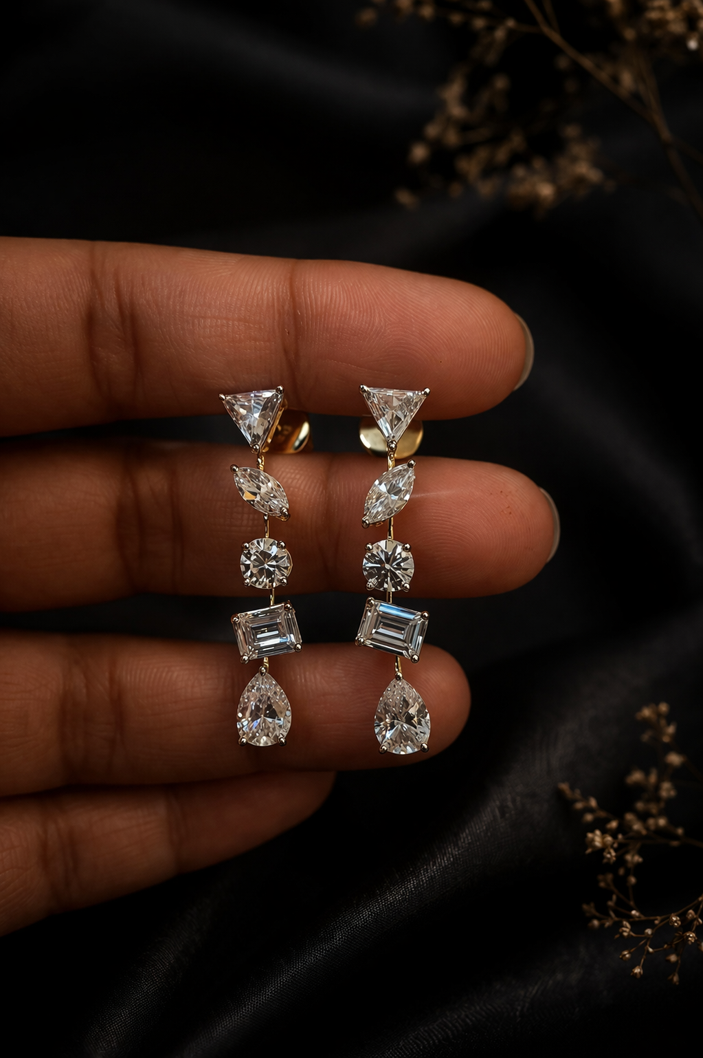 925 Sterling Silver Elegant Multi Shape Swarovski Danglers Gold Silver Finish