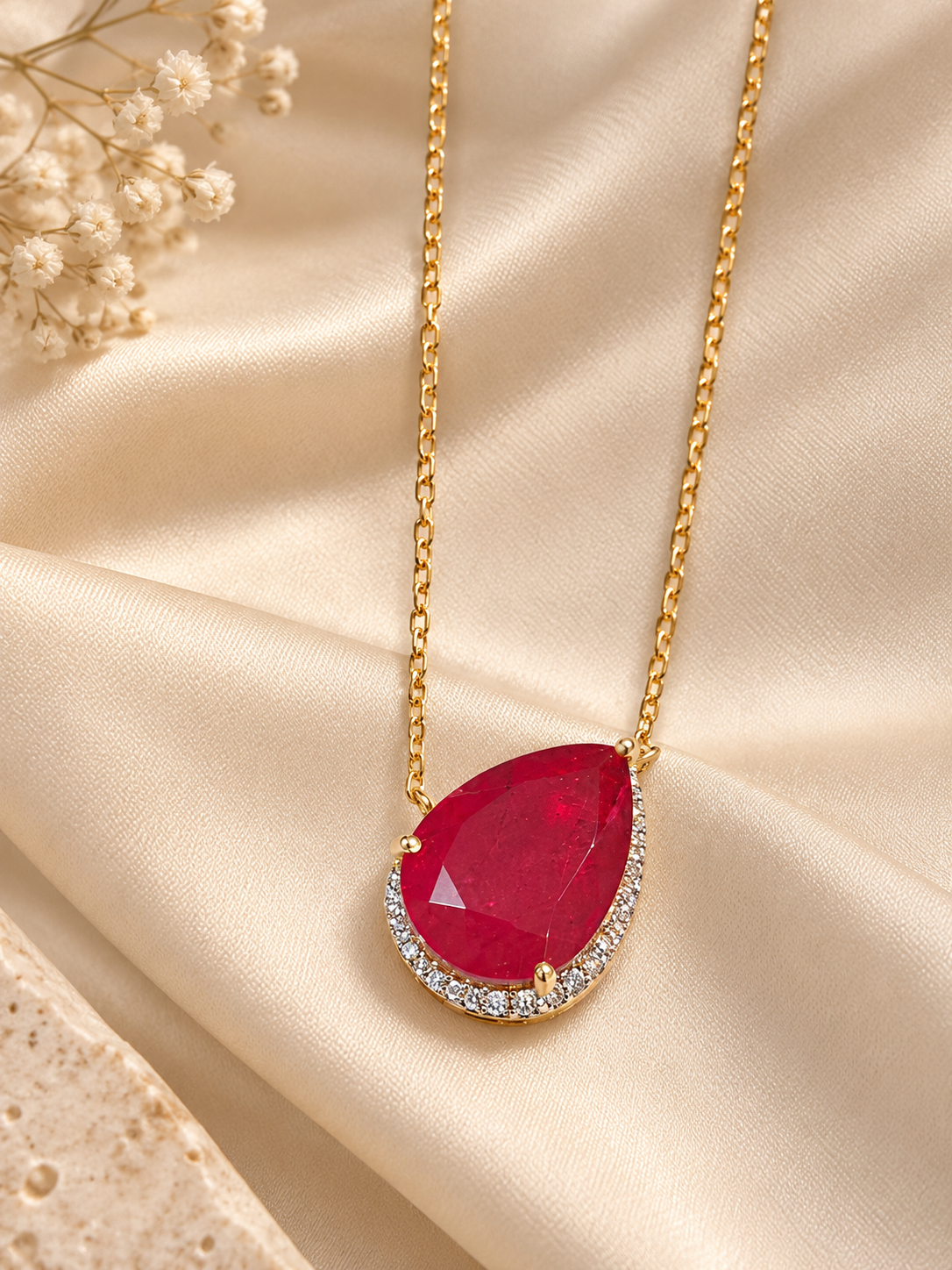 925 Sterling Silver Swarovski Ruby Drop Chain Pendant