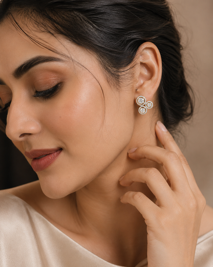 925 Sterling Silver Round Serenity Swarovski Crystal Earing In Gold Finish