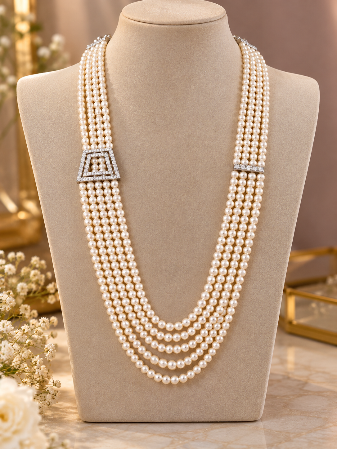 925 Sterling Silver Swarovski Crystal And Fresh Water Pearl Neckpiece
