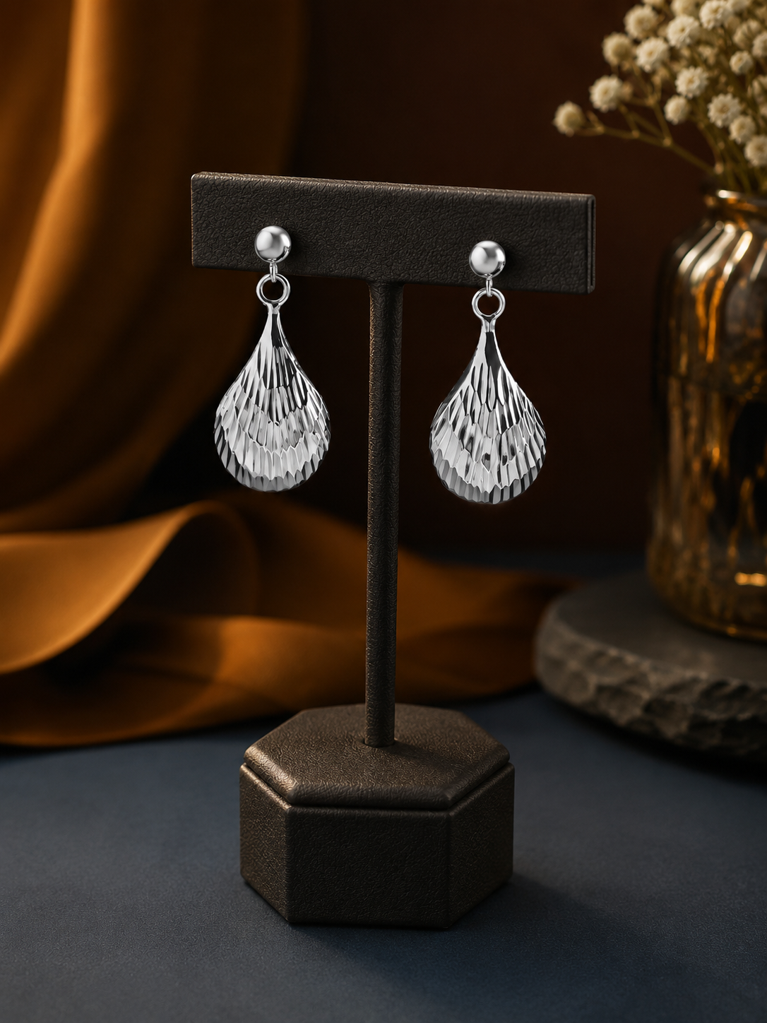 925 Sterling Silver Mermaid Tear Drop Earrings in Rhodium Polish