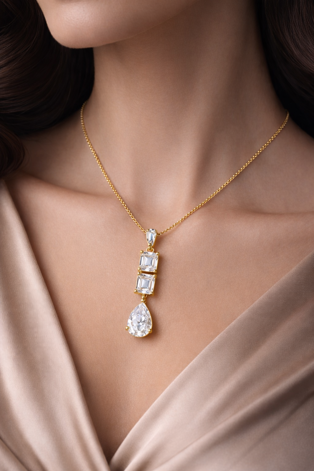 925 Sterling Silver Swarovski Octo And Drop Pendant in Gold Finish