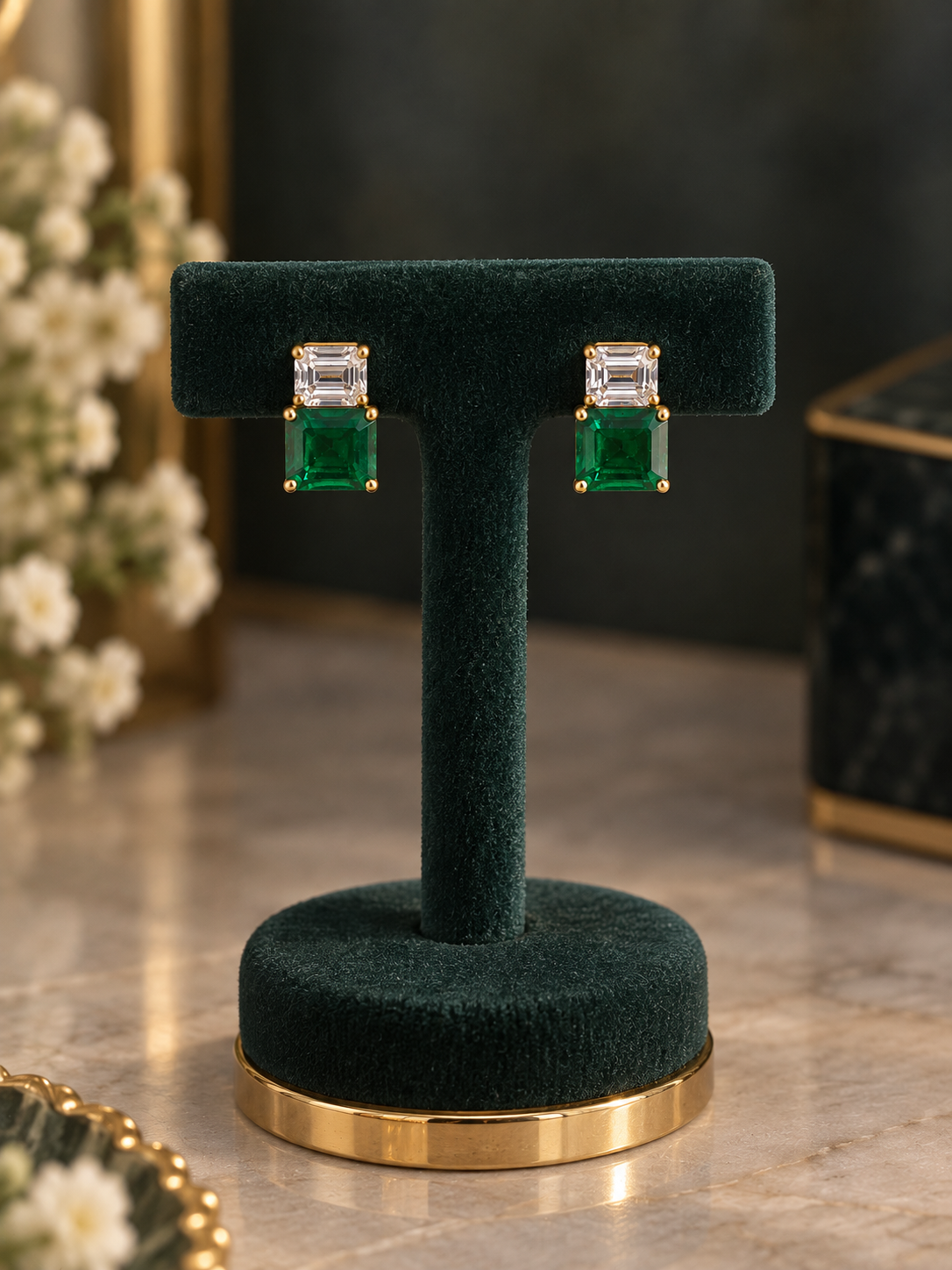 925 Sterling Silver Emerald Green Octo Cut Earings