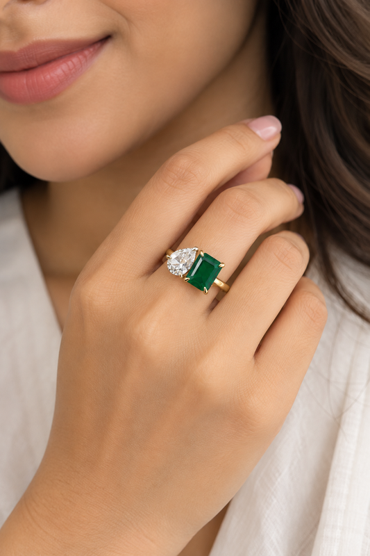 925 Sterling Silver Emerald Swarovski Crystal Duo Ring