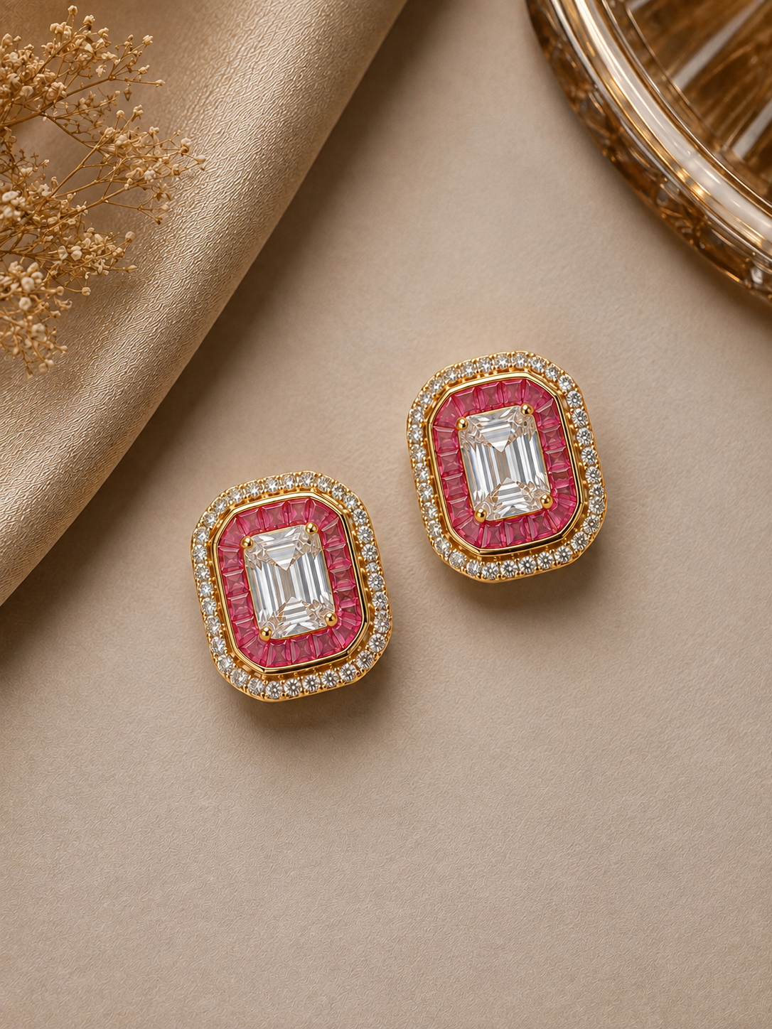 925 Sterling Silver Emerald  Cut Swarovski And Ruby Earings