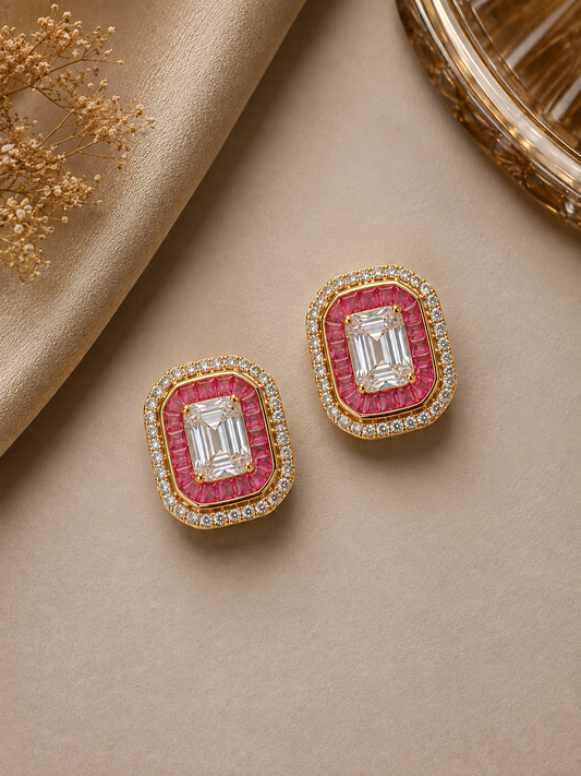925 Sterling Silver Emerald  Cut Swarovski And Ruby Earings