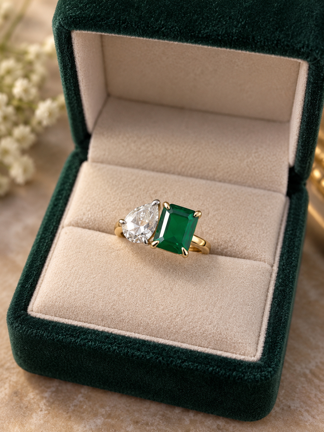 925 Sterling Silver Emerald Swarovski Crystal Duo Ring