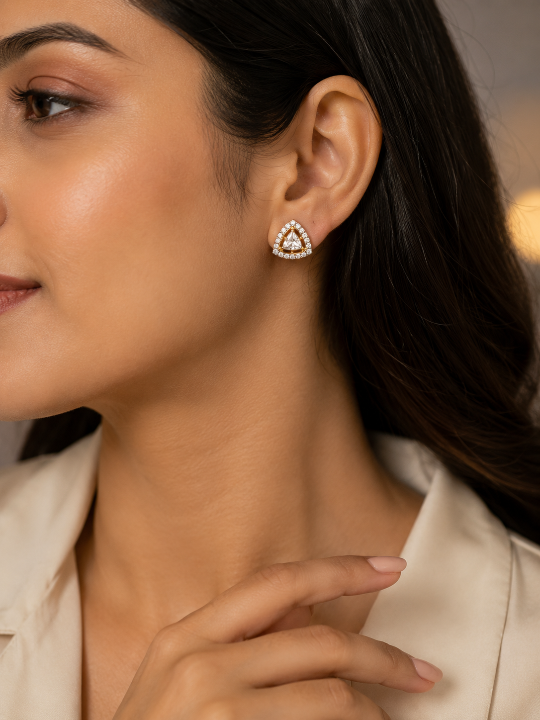 925 Sterling Silver Swarovski Trillion Cut Stud With Halo Setting