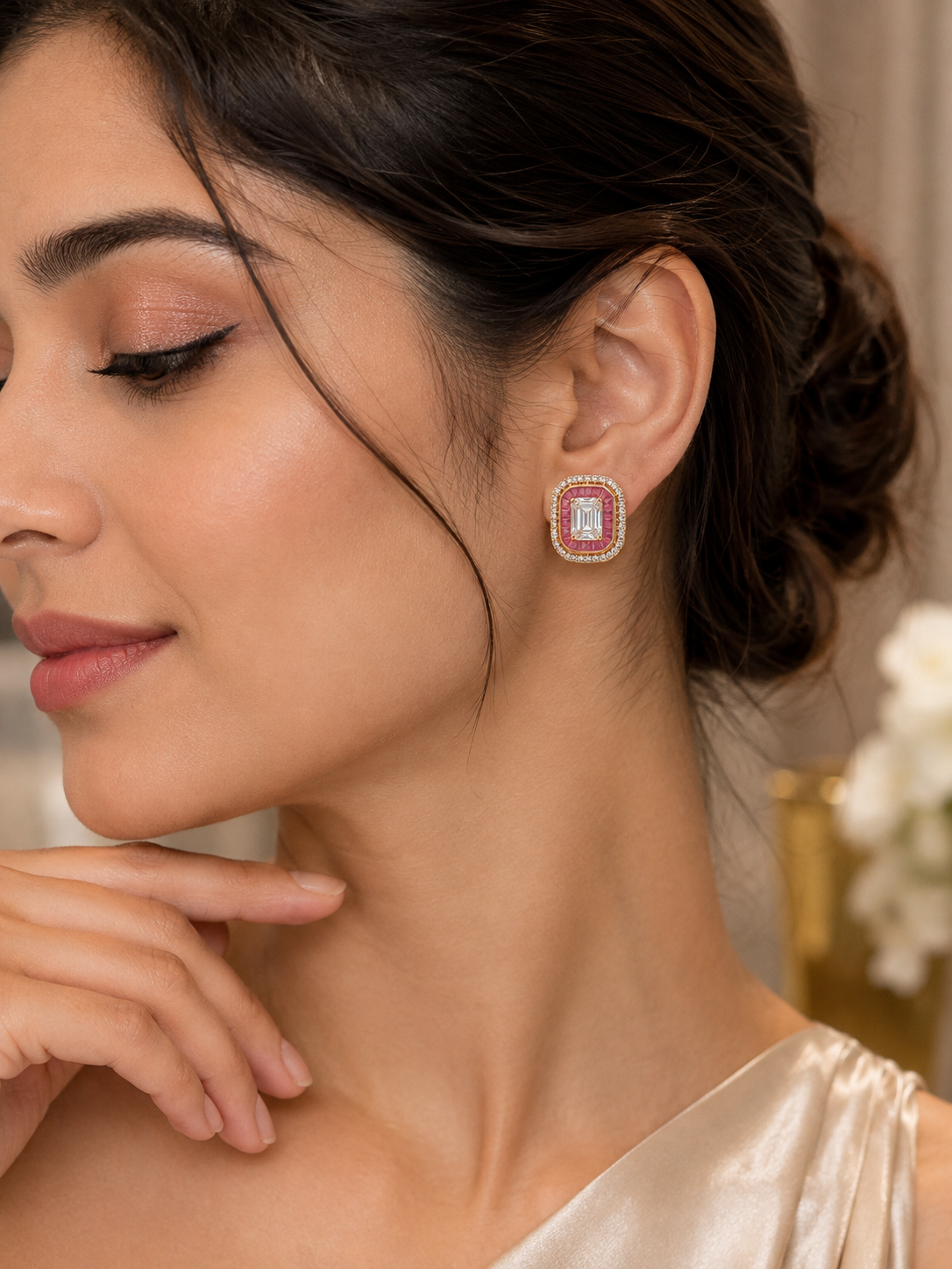 925 Sterling Silver Emerald  Cut Swarovski And Ruby Earings